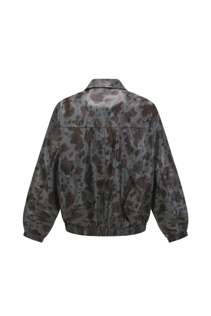 PU Jacket Black Leopard Zip up Lapel Long Sleeve 