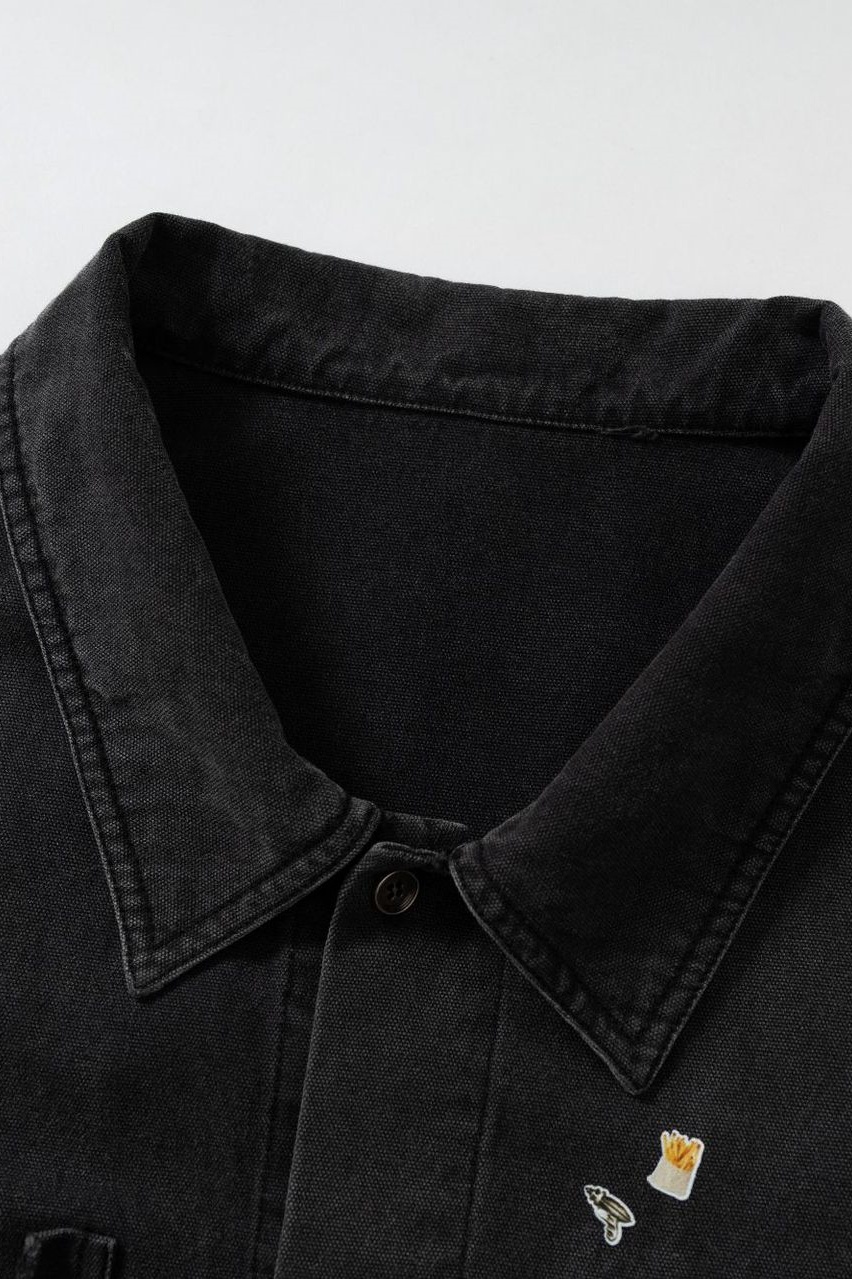Graphic Jacket Black Stand Colloa Buttons Long Sleeve 