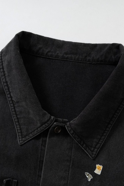 Graphic Jacket Black Stand Colloa Buttons Long Sleeve 