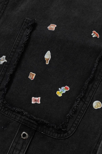 Graphic Jacket Black Stand Colloa Buttons Long Sleeve 
