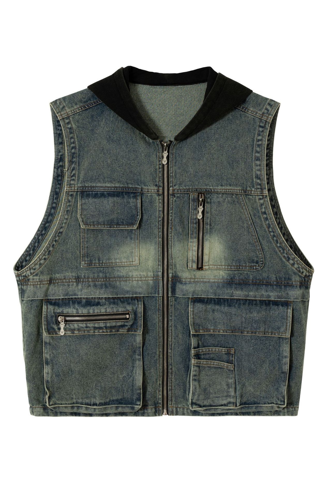 Demin Vest Jacket Blue Hoodie Zip up Sleeveless