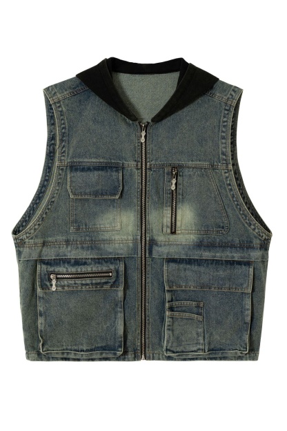 Demin Vest Jacket Blue Hoodie Zip up Sleeveless