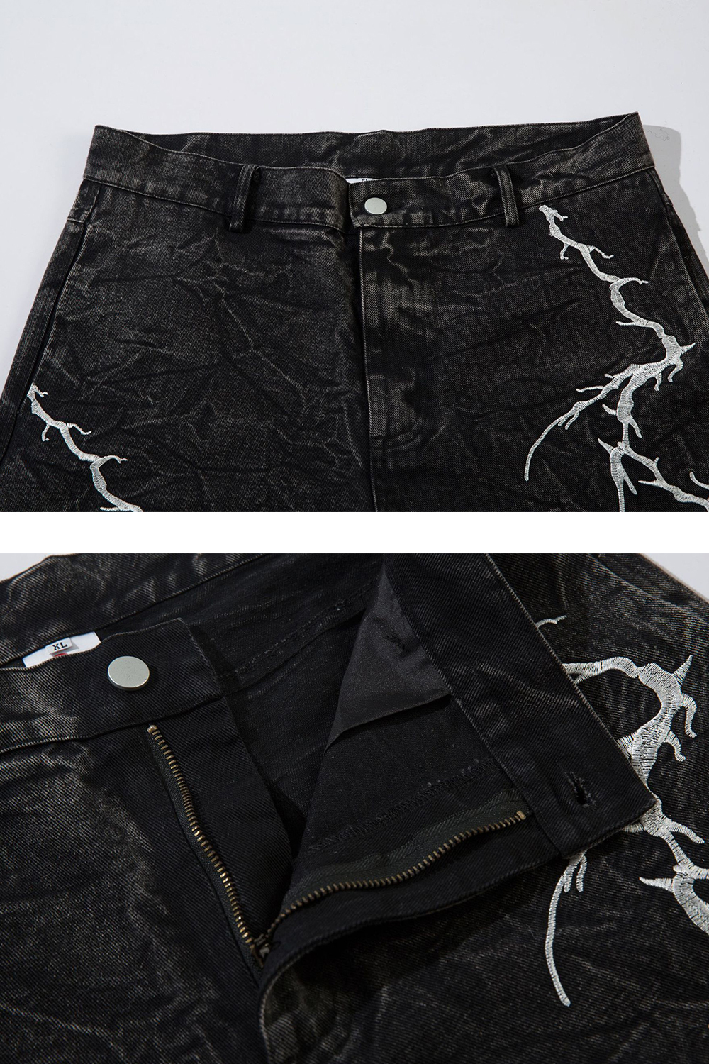 Embroidered Lightning Washed Wide-Leg Jeans Loose Men Pants