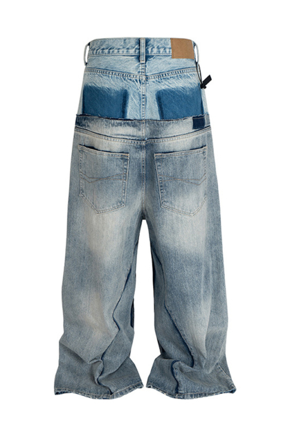 2 in 1 Colorblock Washed Wide-Leg Jeans Loose Men Pants