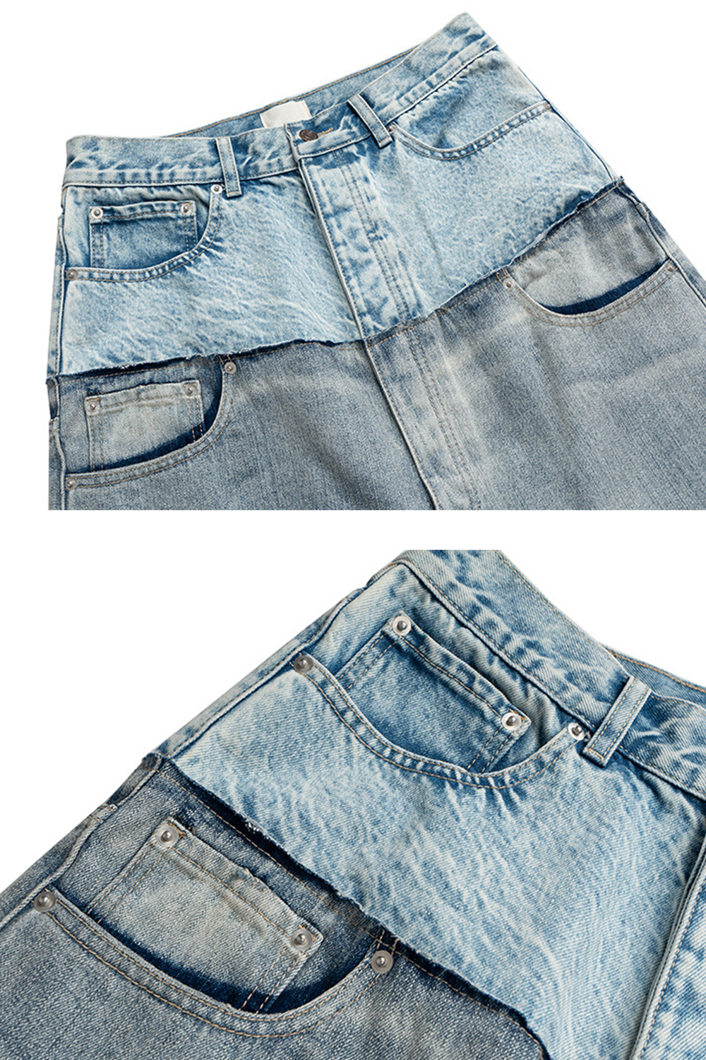 2 in 1 Colorblock Washed Wide-Leg Jeans Loose Men Pants
