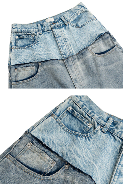 2 in 1 Colorblock Washed Wide-Leg Jeans Loose Men Pants