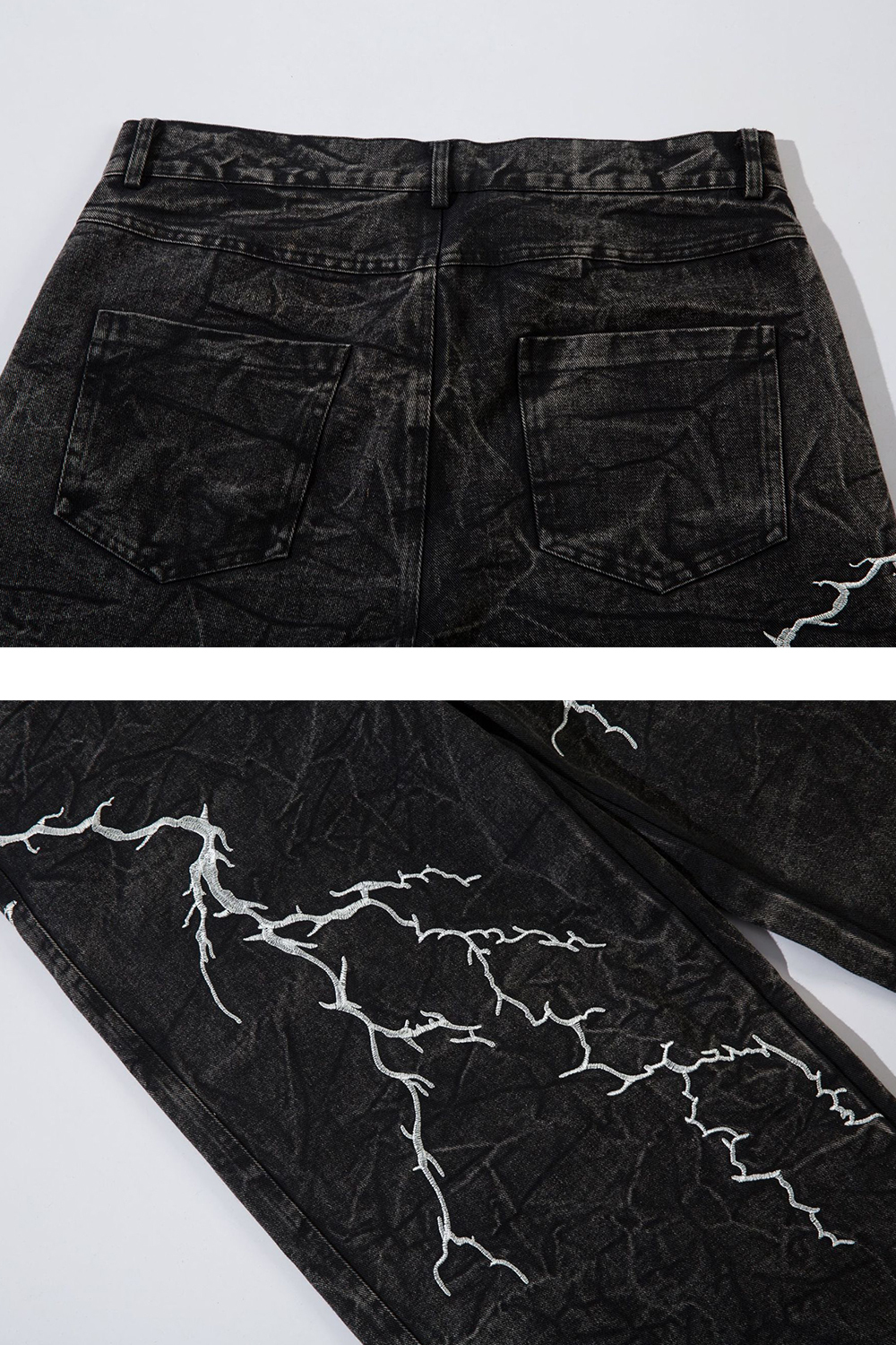 Embroidered Lightning Washed Wide-Leg Jeans Loose Men Pants