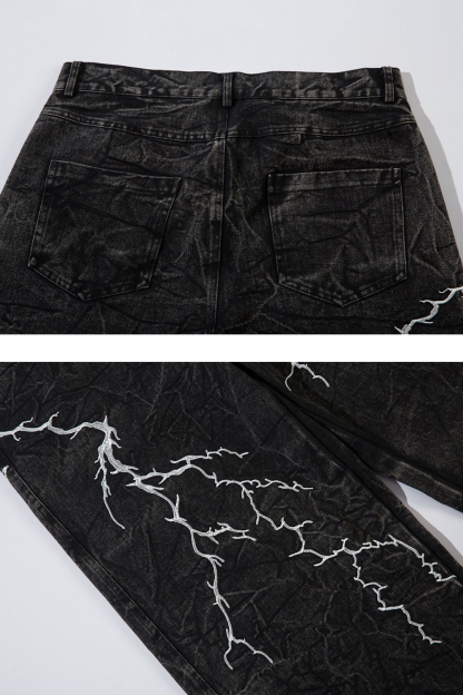 Embroidered Lightning Washed Wide-Leg Jeans Loose Men Pants