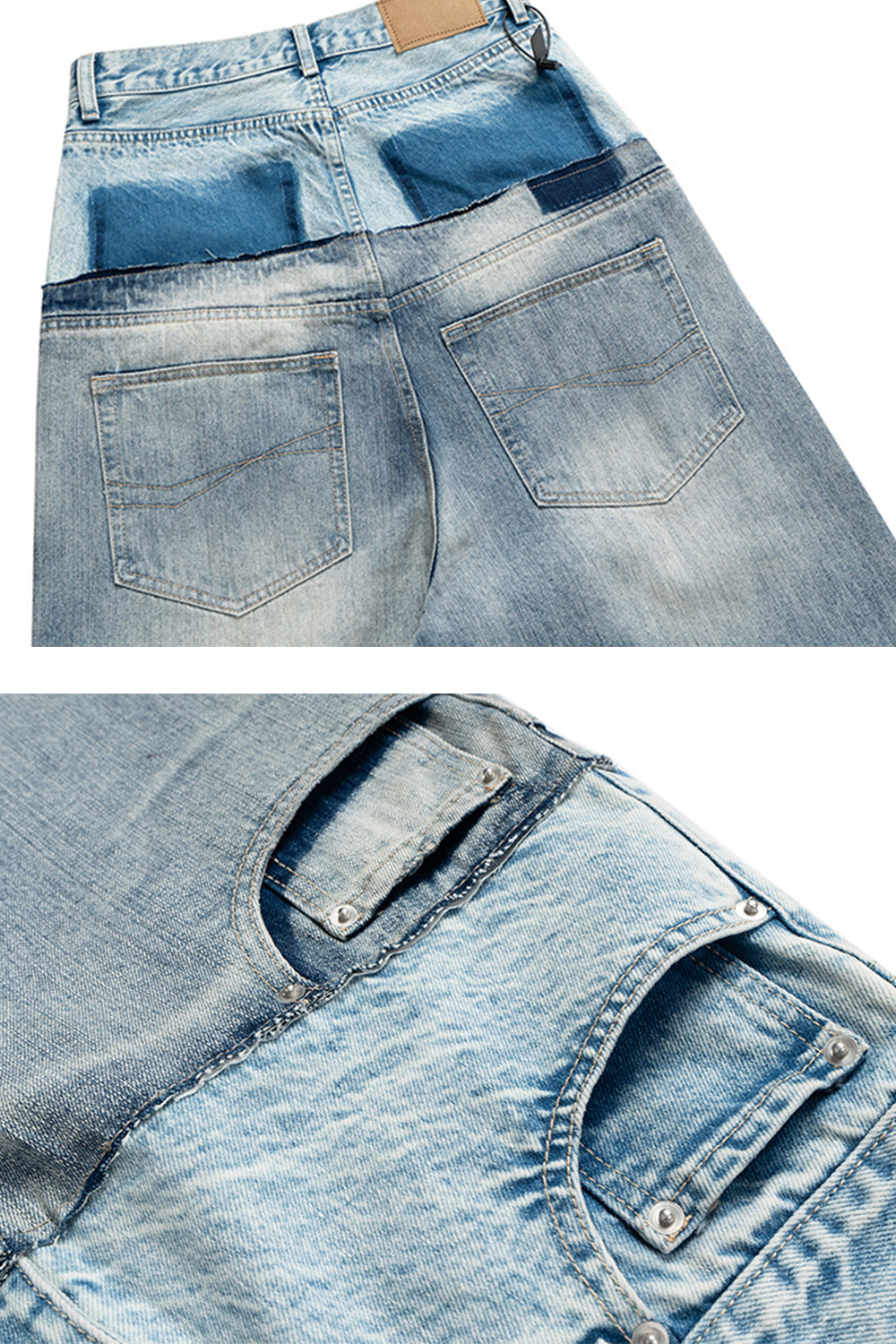 2 in 1 Colorblock Washed Wide-Leg Jeans Loose Men Pants
