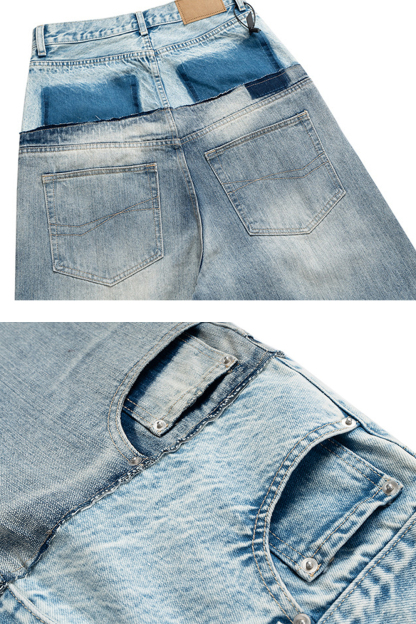 2 in 1 Colorblock Washed Wide-Leg Jeans Loose Men Pants