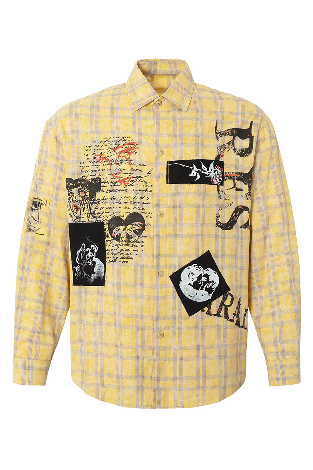 Shirt Jacket Yellow Plaid Unisex Patch Long Sleeve Top 