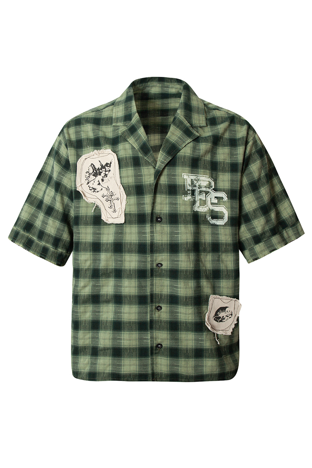 Shirt Jacket Green Plaid Patch Unisex Short Sleeve Top 