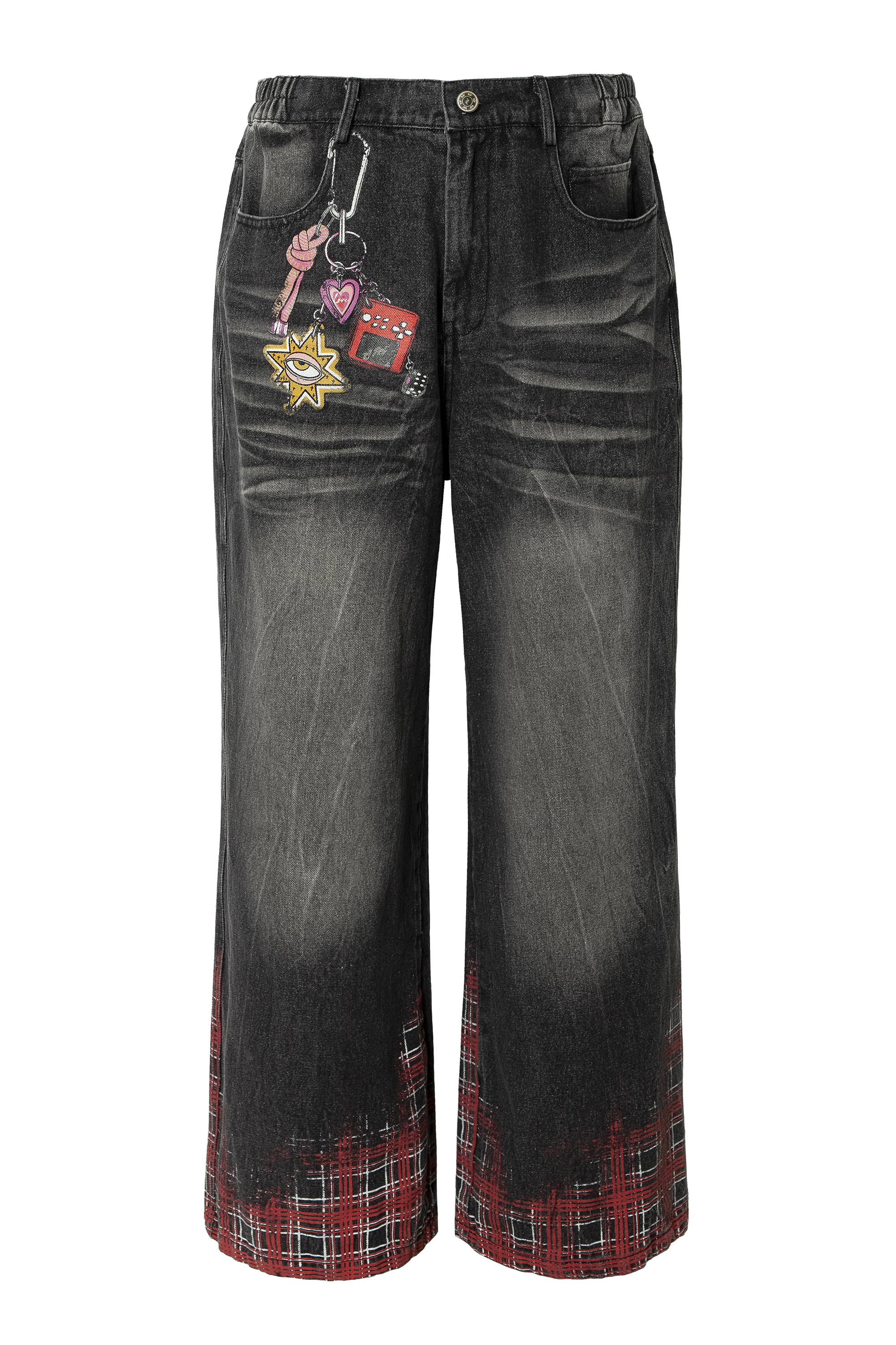Washed Jeans Print Plaid Loose Wide-Leg Pants 