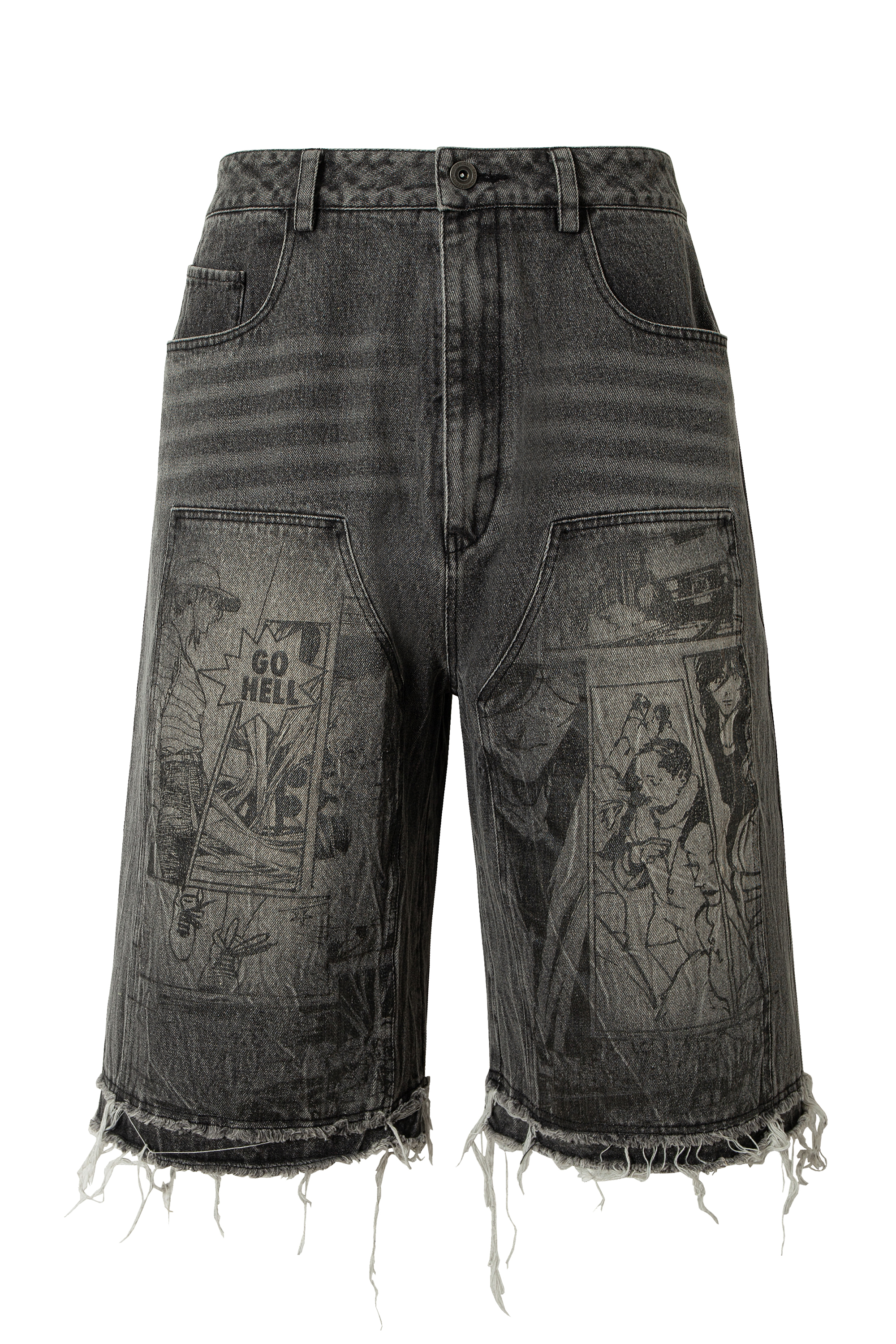 Washed Short Jeans Print Graffiti Loose Wide-Leg Knee Pants 