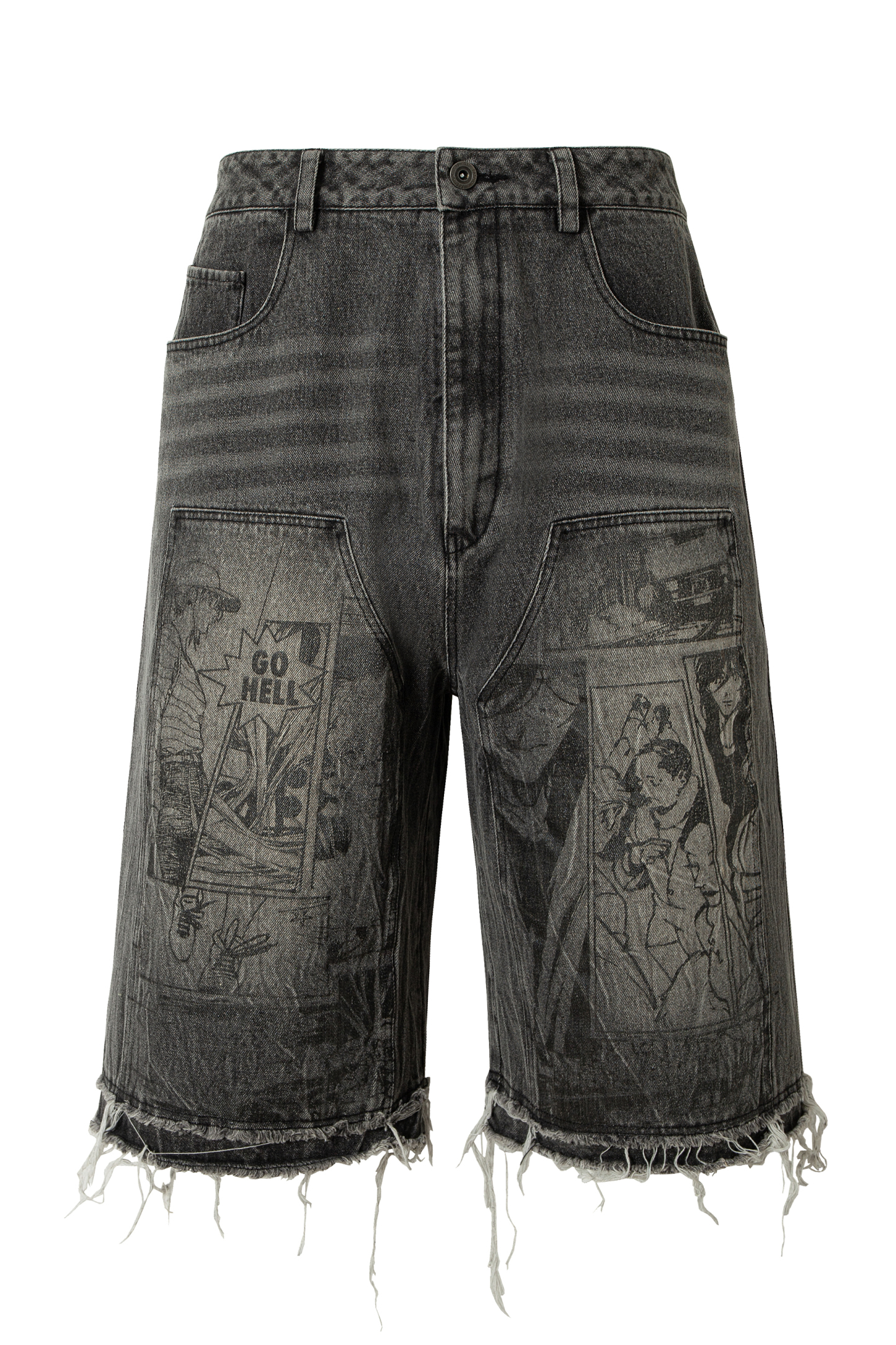 Washed Short Jeans Print Graffiti Loose Wide-Leg Knee Pants