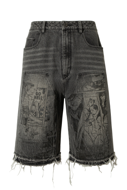 Washed Short Jeans Print Graffiti Loose Wide-Leg Knee Pants 