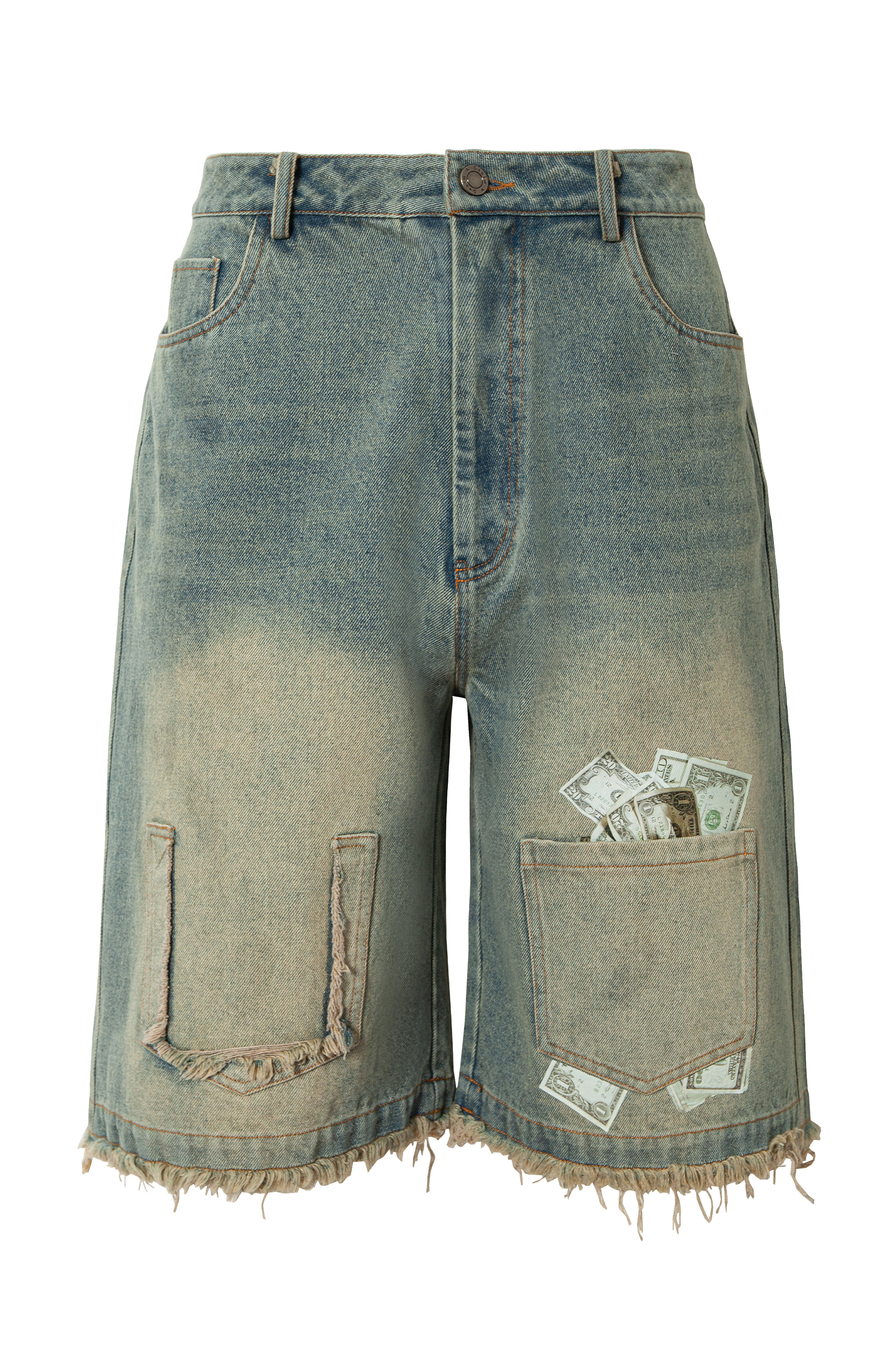 Washed Short Jeans Print Dollar Loose Wide-Leg Knee Pants 