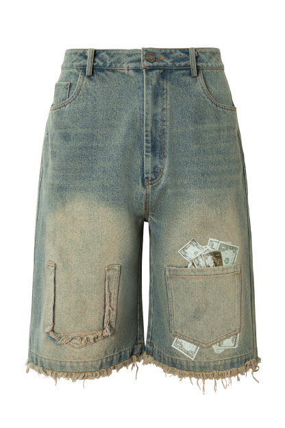 Washed Short Jeans Print Dollar Loose Wide-Leg Knee Pants 