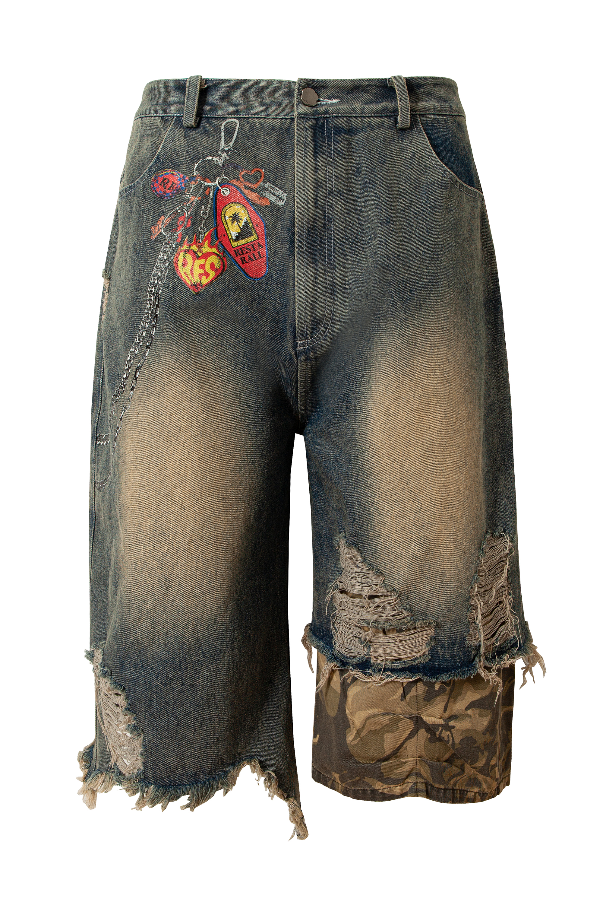 Washed Short Jeans Colorblock Camo Loose Wide-Leg Knee Pants 