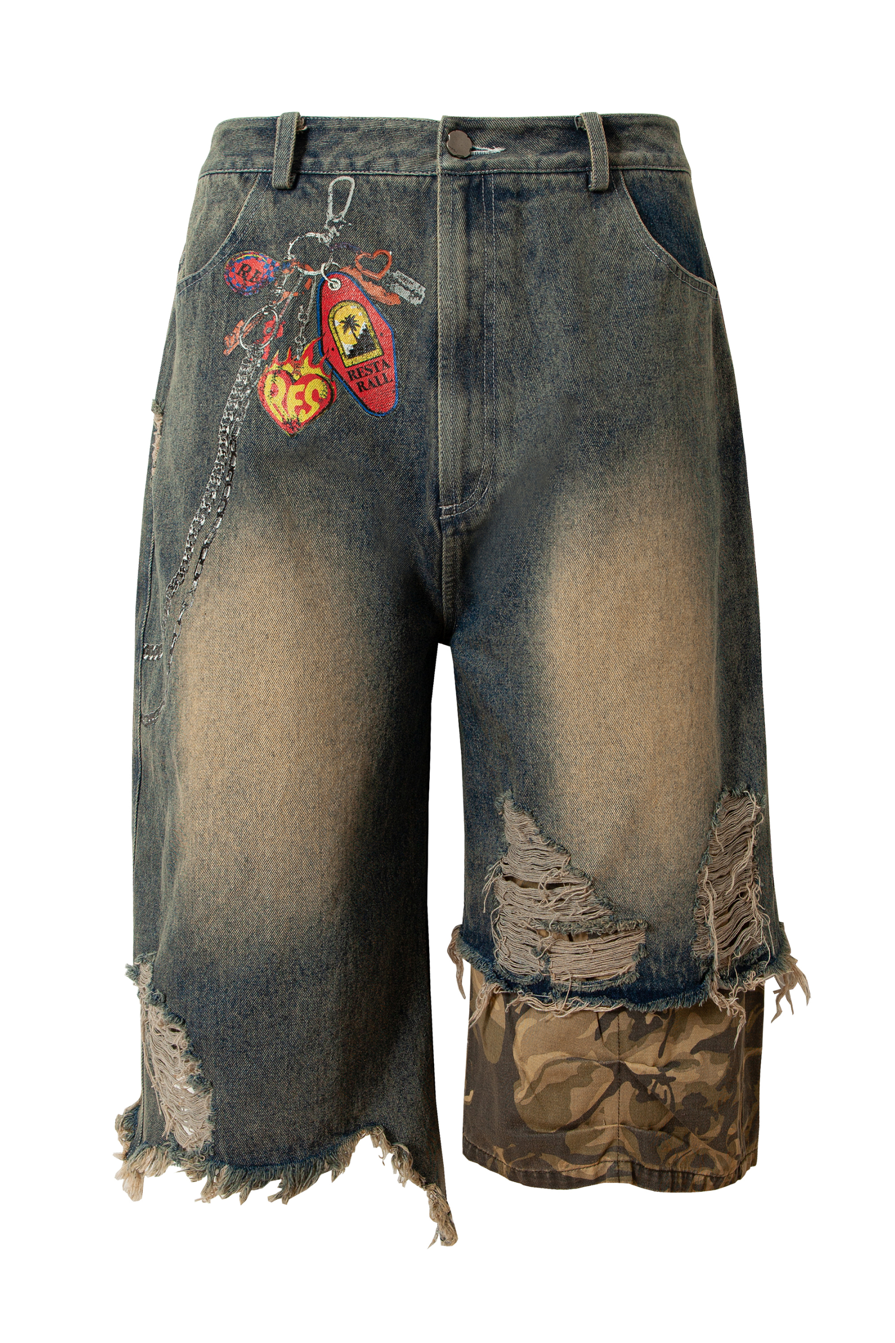 Washed Short Jeans Print Graffiti Loose Wide-Leg Knee Pants