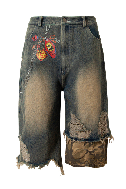 Washed Short Jeans Colorblock Camo Loose Wide-Leg Knee Pants 