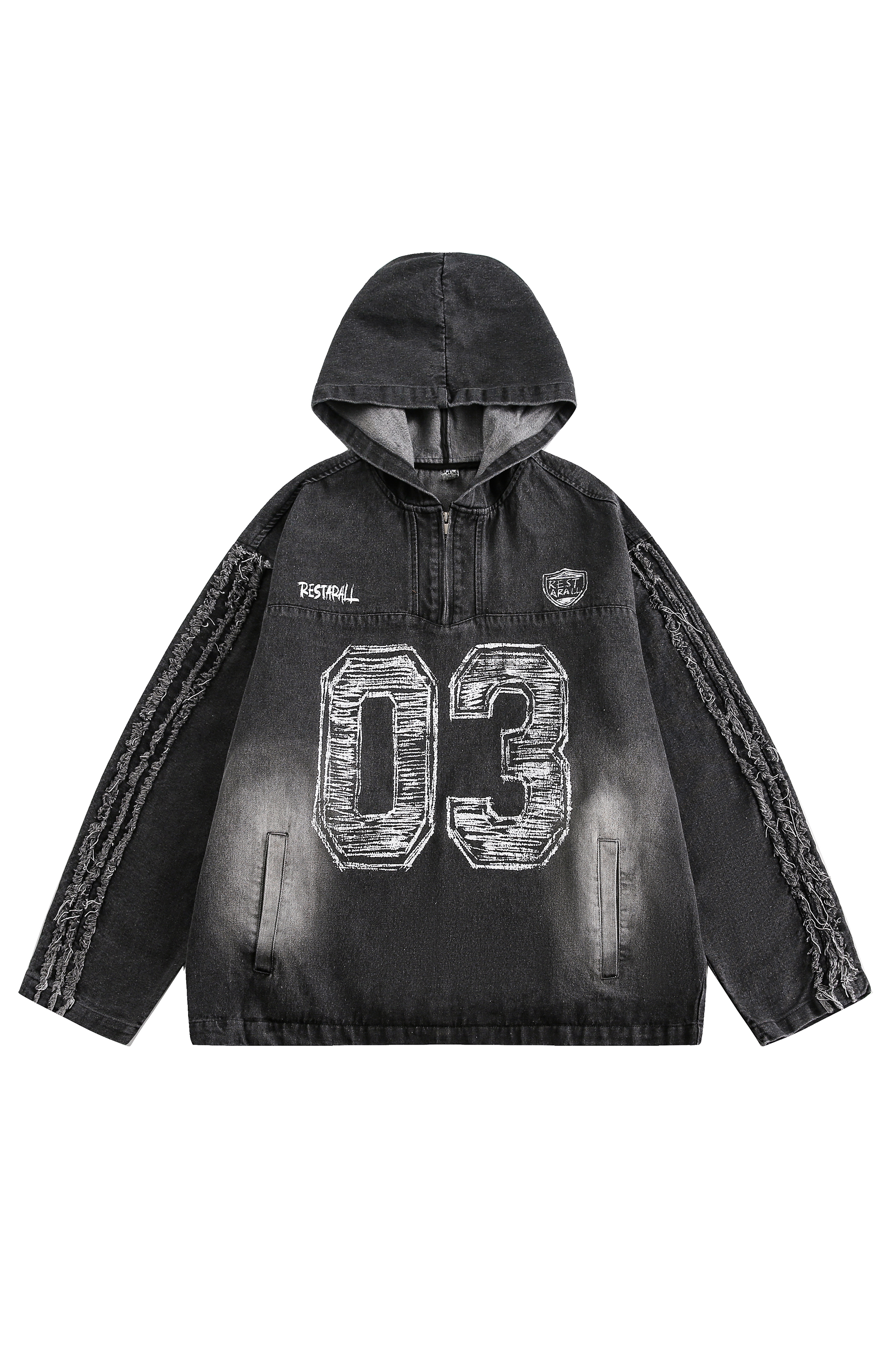 Hoodie Denim Jacket Black Letter Long Sleeve Coat