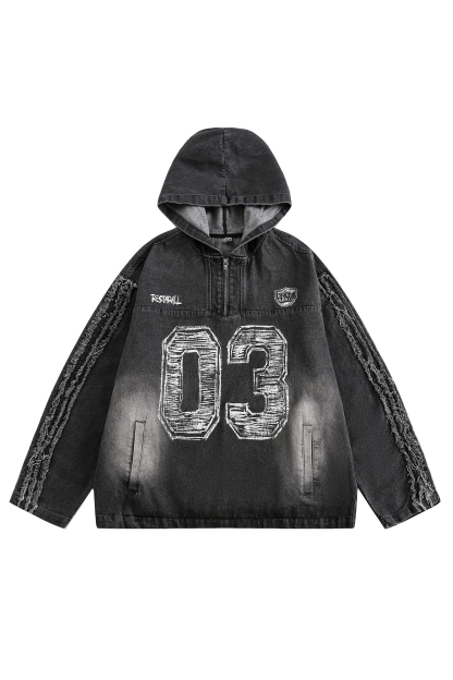 Hoodie Denim Jacket Black Letter Long Sleeve Coat