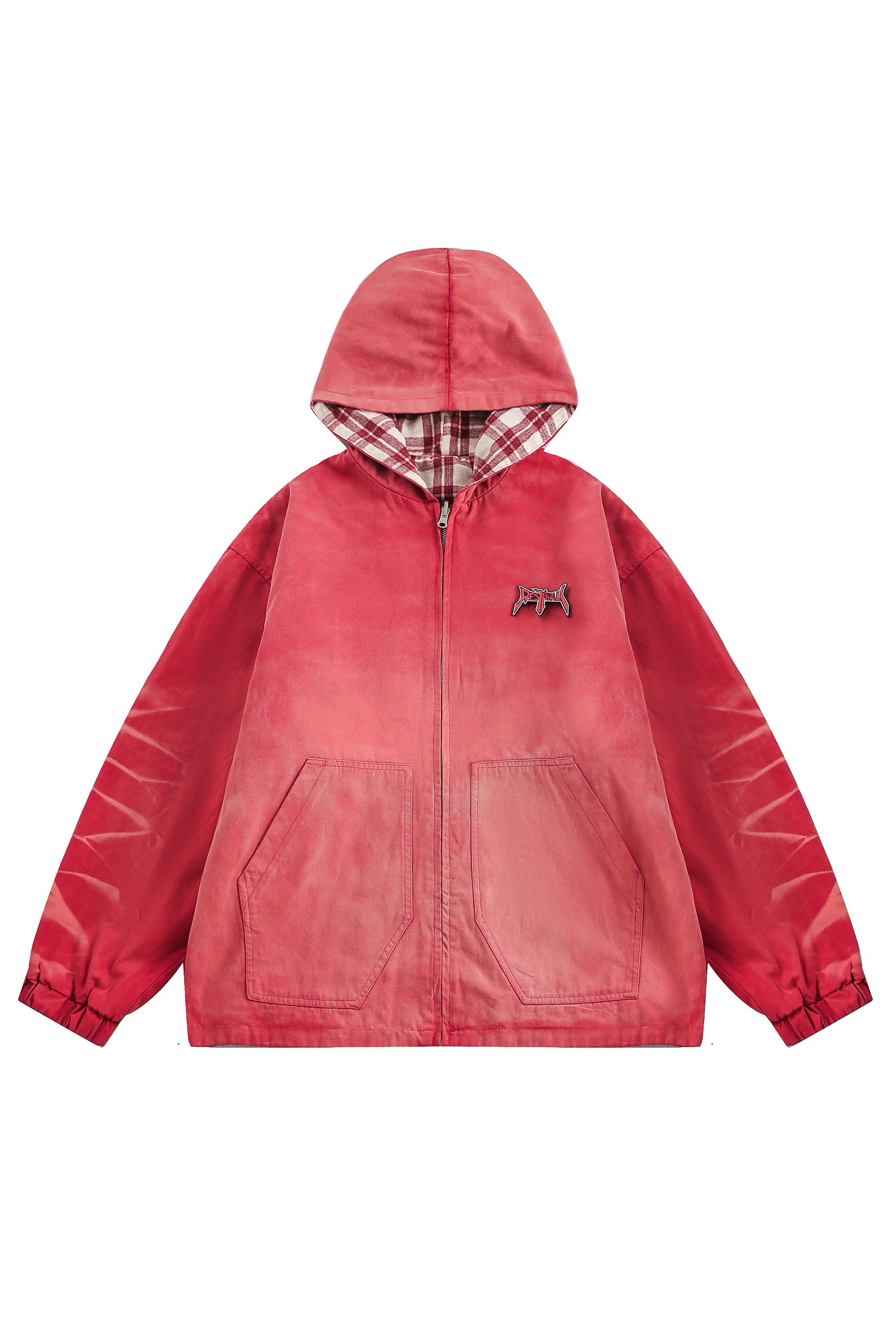 Hoodie Denim Jacket Red Plaid Reversible Long Sleeve Coat