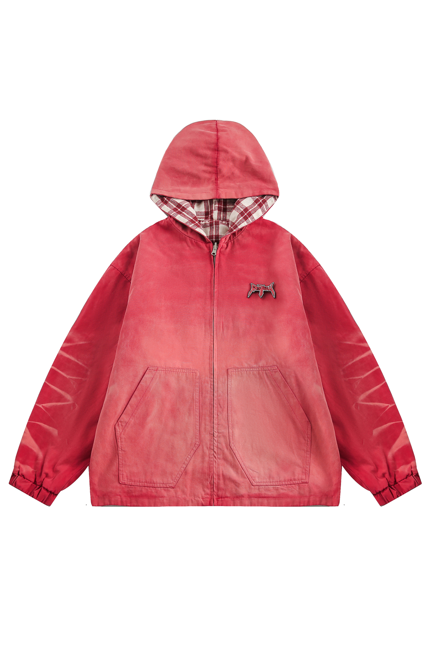 Hoodie Denim Jacket Red Plaid Reversible Long Sleeve Coat