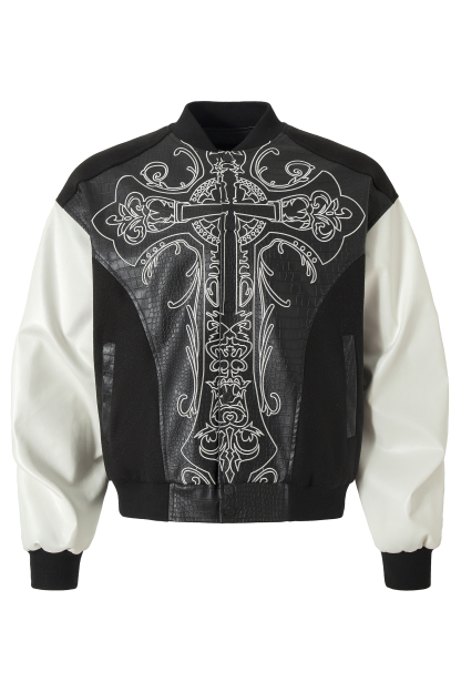 Vintage PU Bomber Jacket Black Stand Collar Long Sleeve 