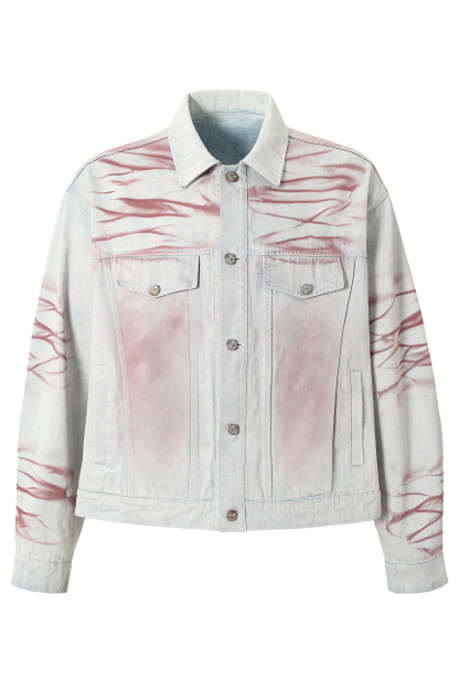 Denim Jacket Blue Paw Print Lapel Long Sleeve 