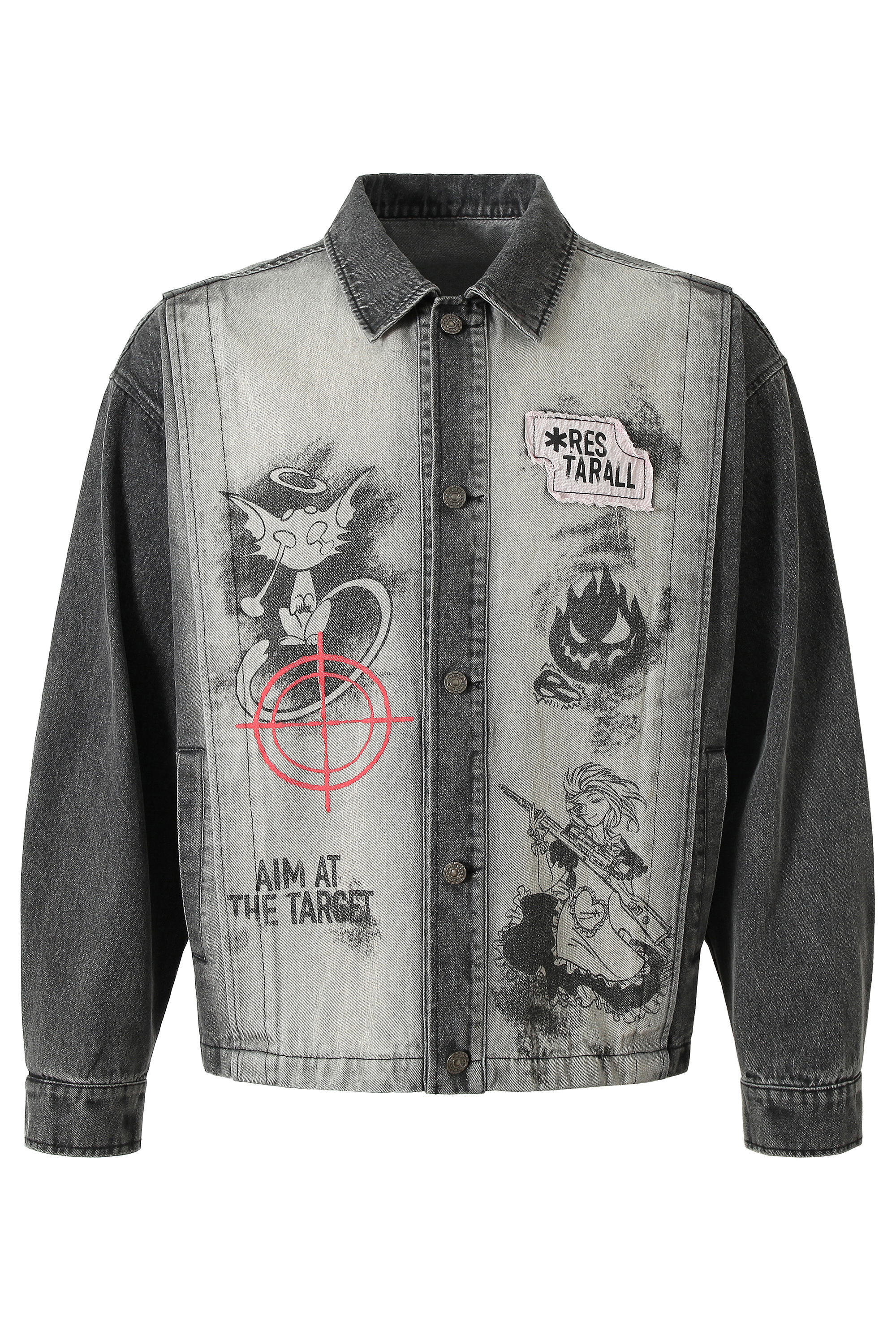 Denim Jacket Black Print Lapel Long Sleeve 