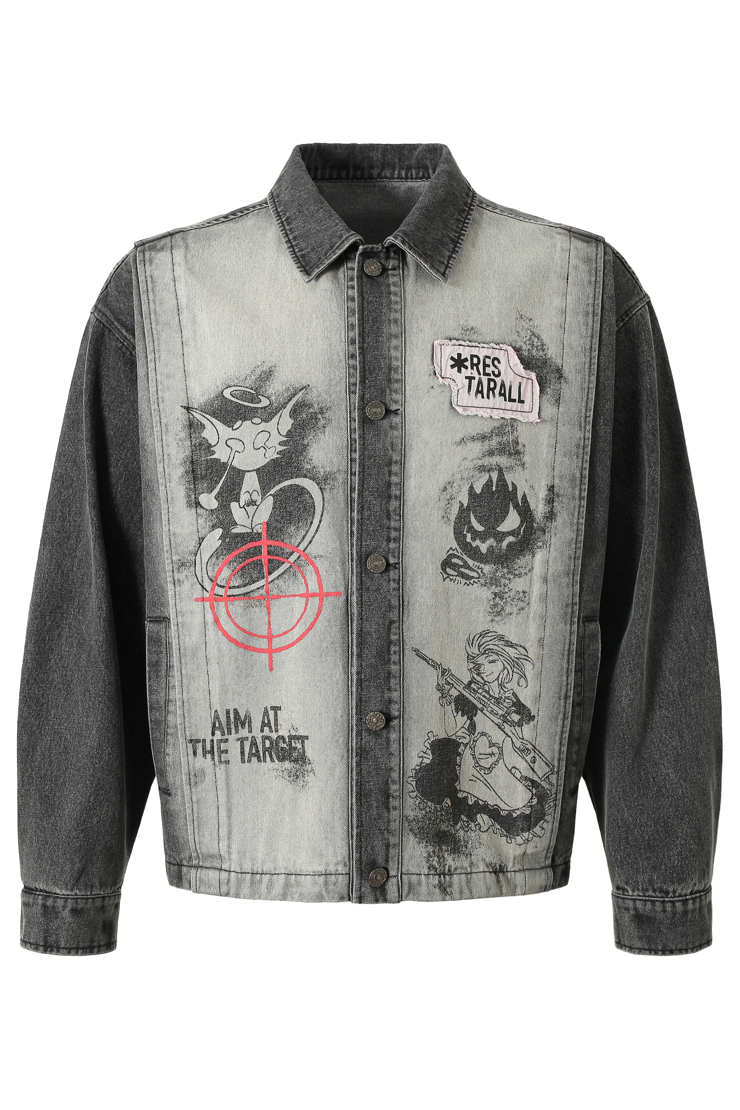 Denim Jacket Black Print Lapel Long Sleeve