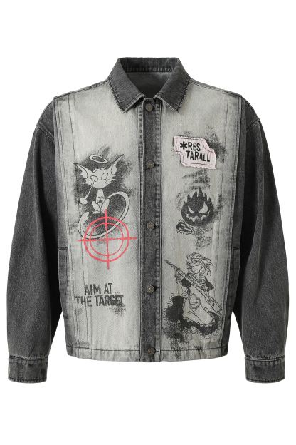 Denim Jacket Black Print Lapel Long Sleeve 