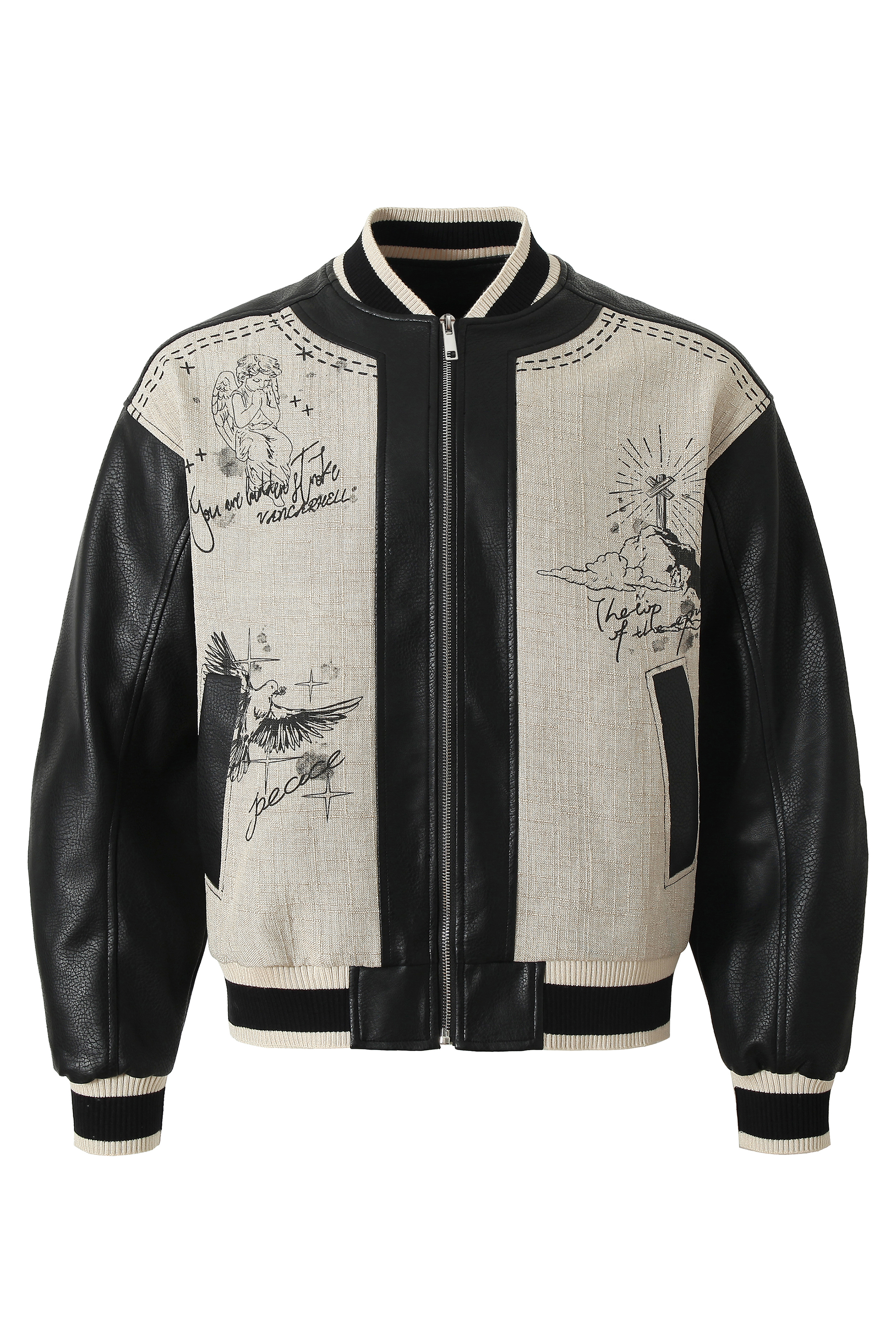 PU Bomber Jacket Black Stand Collar Long Sleeve 