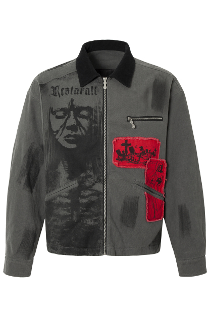 Abstract Jacket Gray Print Lapel Long Sleeve 