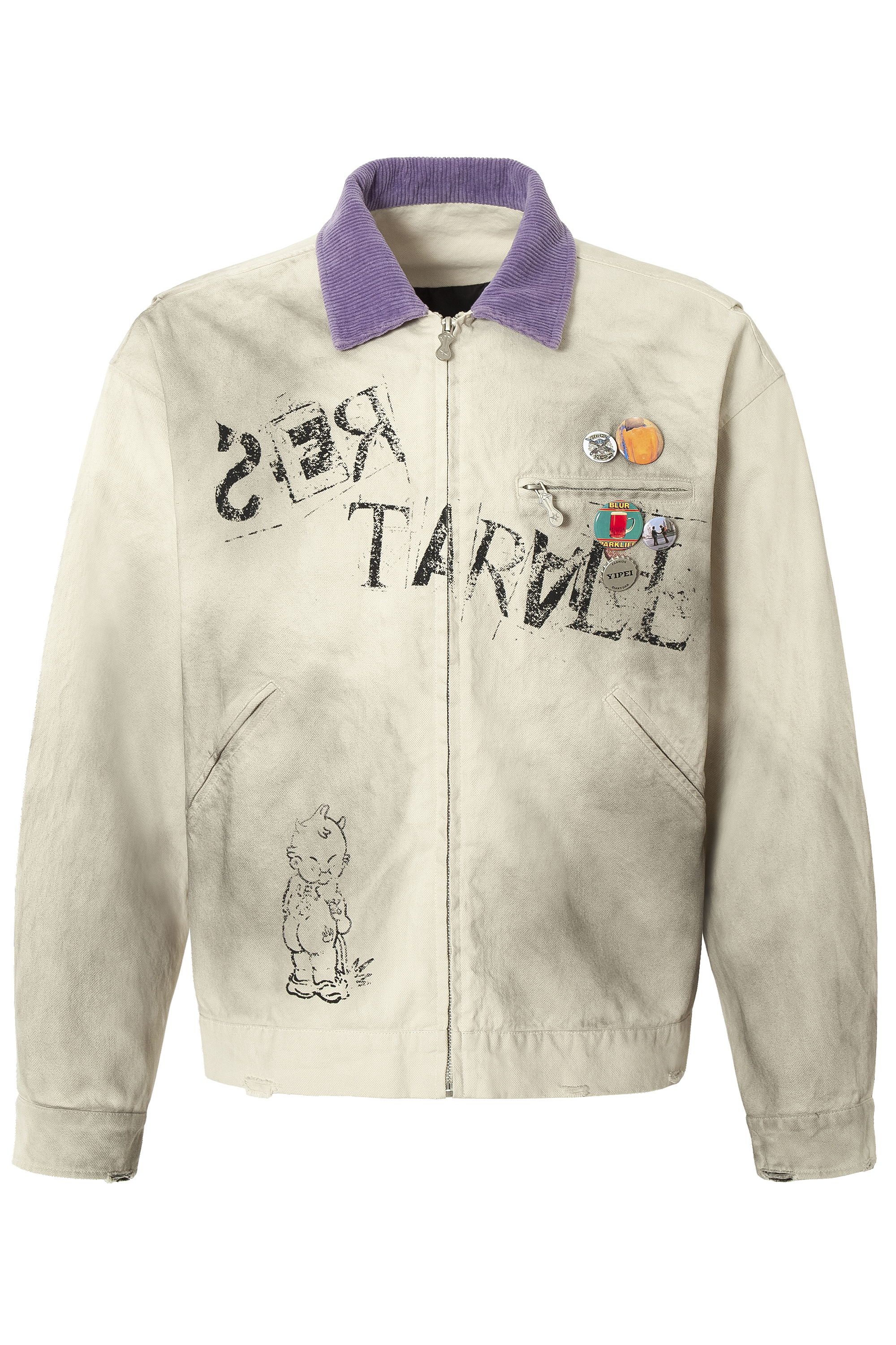 Print Jacket Beige Graffiti Lapel Long Sleeve 