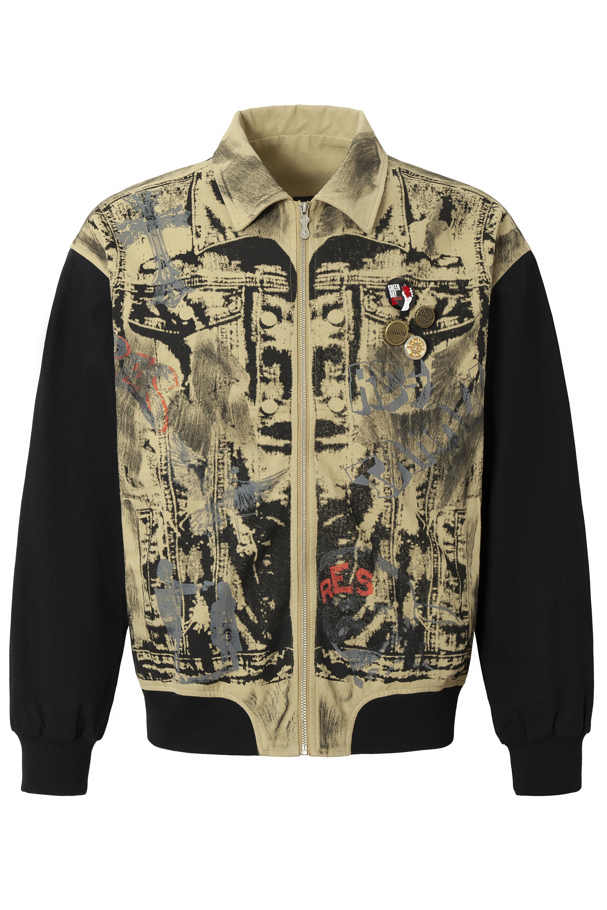 Vintage Print Jacket Khaki Graffiti Lapel Long Sleeve 