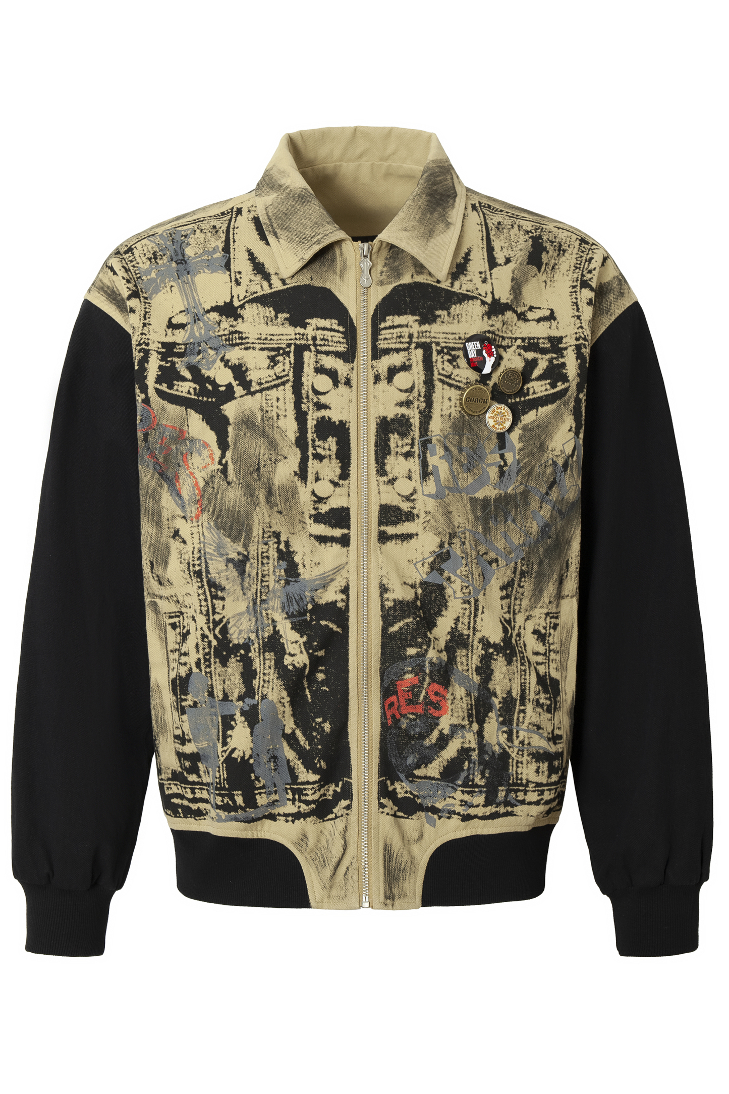 Vintage Print Jacket Khaki Graffiti Lapel Long Sleeve