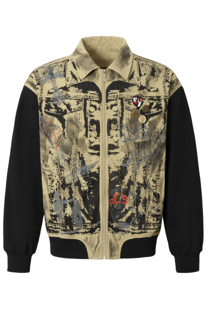 Vintage Print Jacket Khaki Graffiti Lapel Long Sleeve 