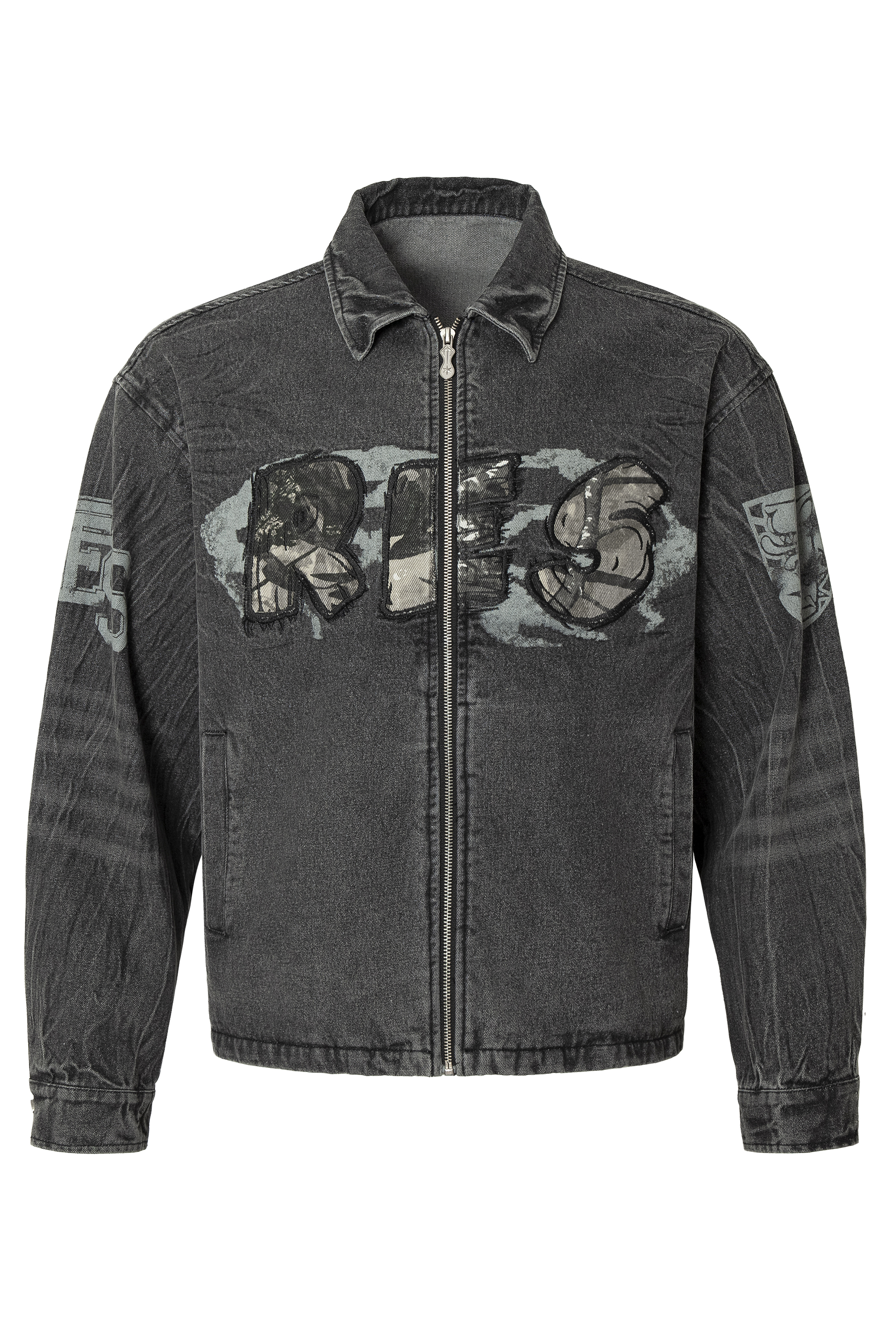 Vintage Denim Jacket Black Camouflage Lapel Long Sleeve 