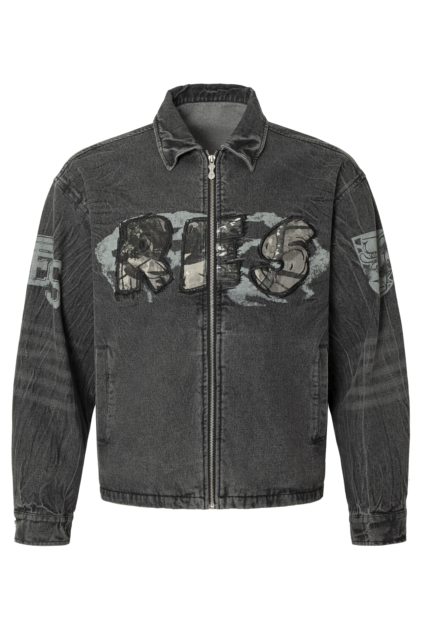 Vintage Denim Jacket Black Camouflage Lapel Long Sleeve
