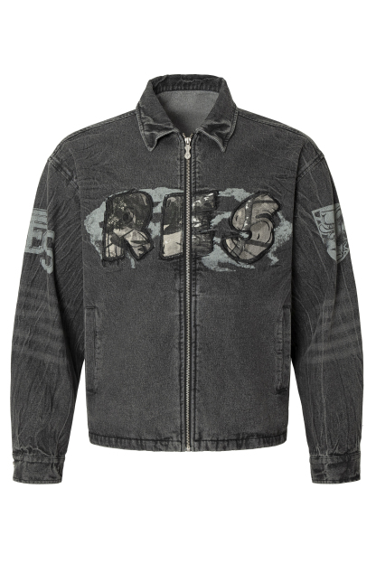 Vintage Denim Jacket Black Camouflage Lapel Long Sleeve 