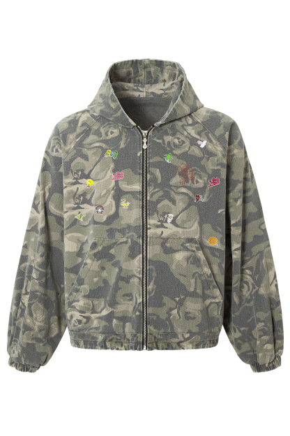 Vintage Hoodie Jacket Green Camouflage Lapel Long Sleeve 