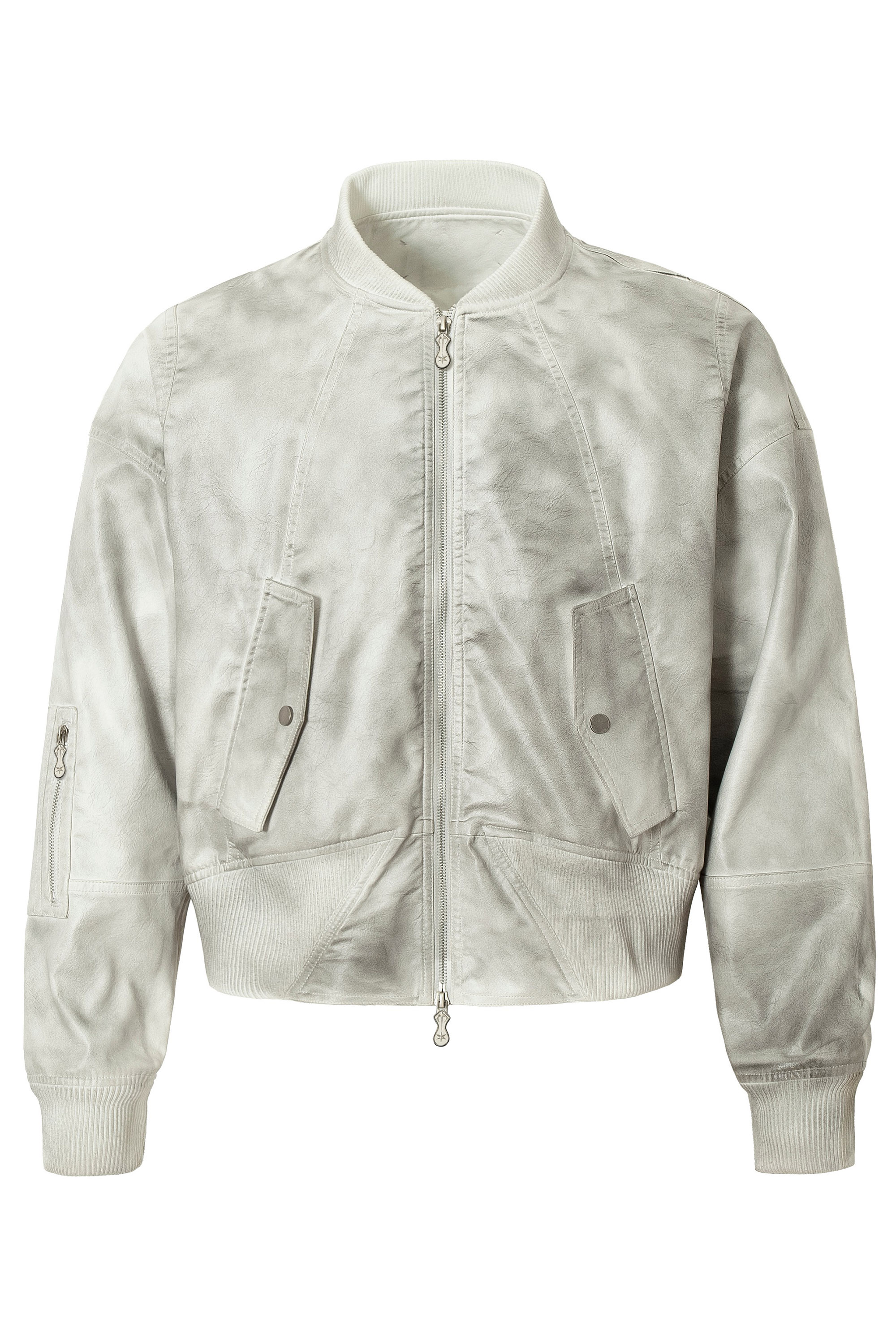 Cargo PU Bomber Jacket Gray Tie Dye Long Sleeve 