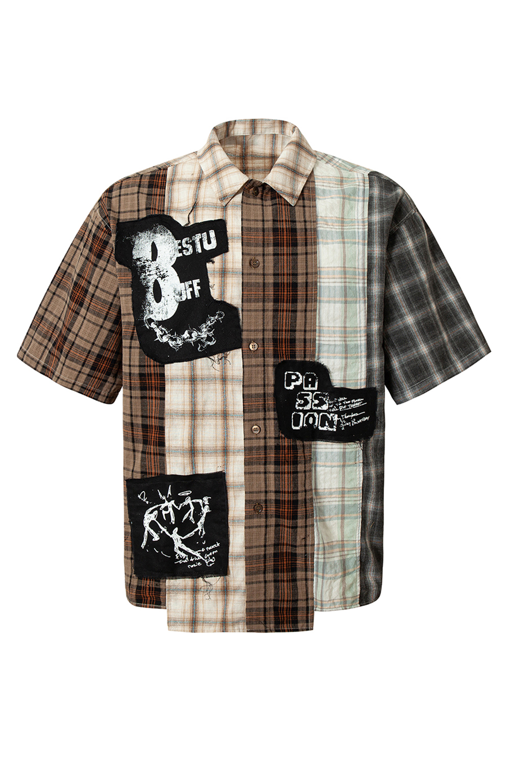 Shirt Jacket Brown Plaid Graffiti Patch Unisex Short Sleeve Top 