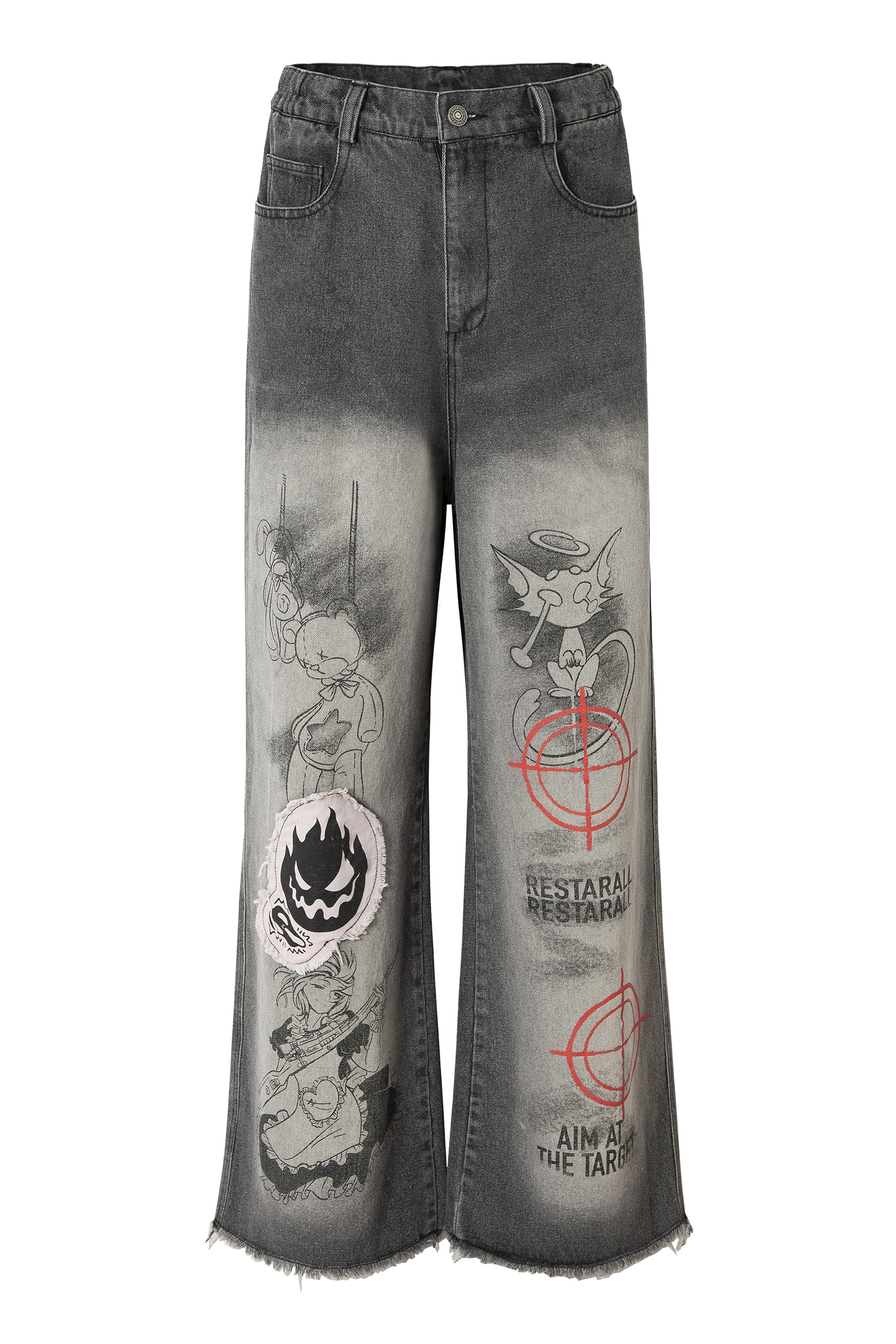 Washed Jeans Loose Patch Straight Leg Pants 
