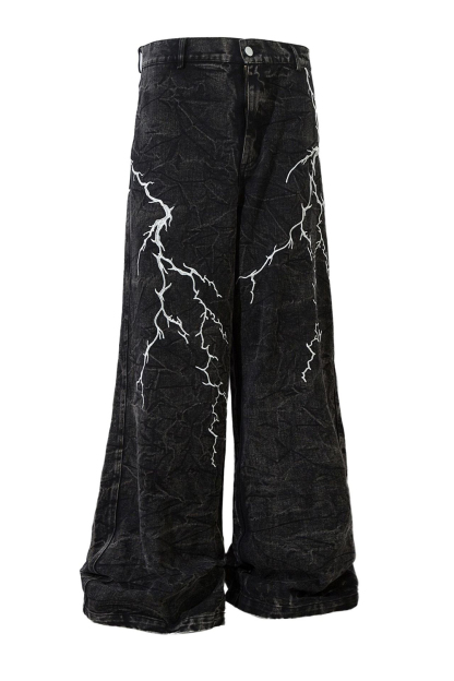 Embroidered Lightning Washed Wide-Leg Jeans Loose Men Pants