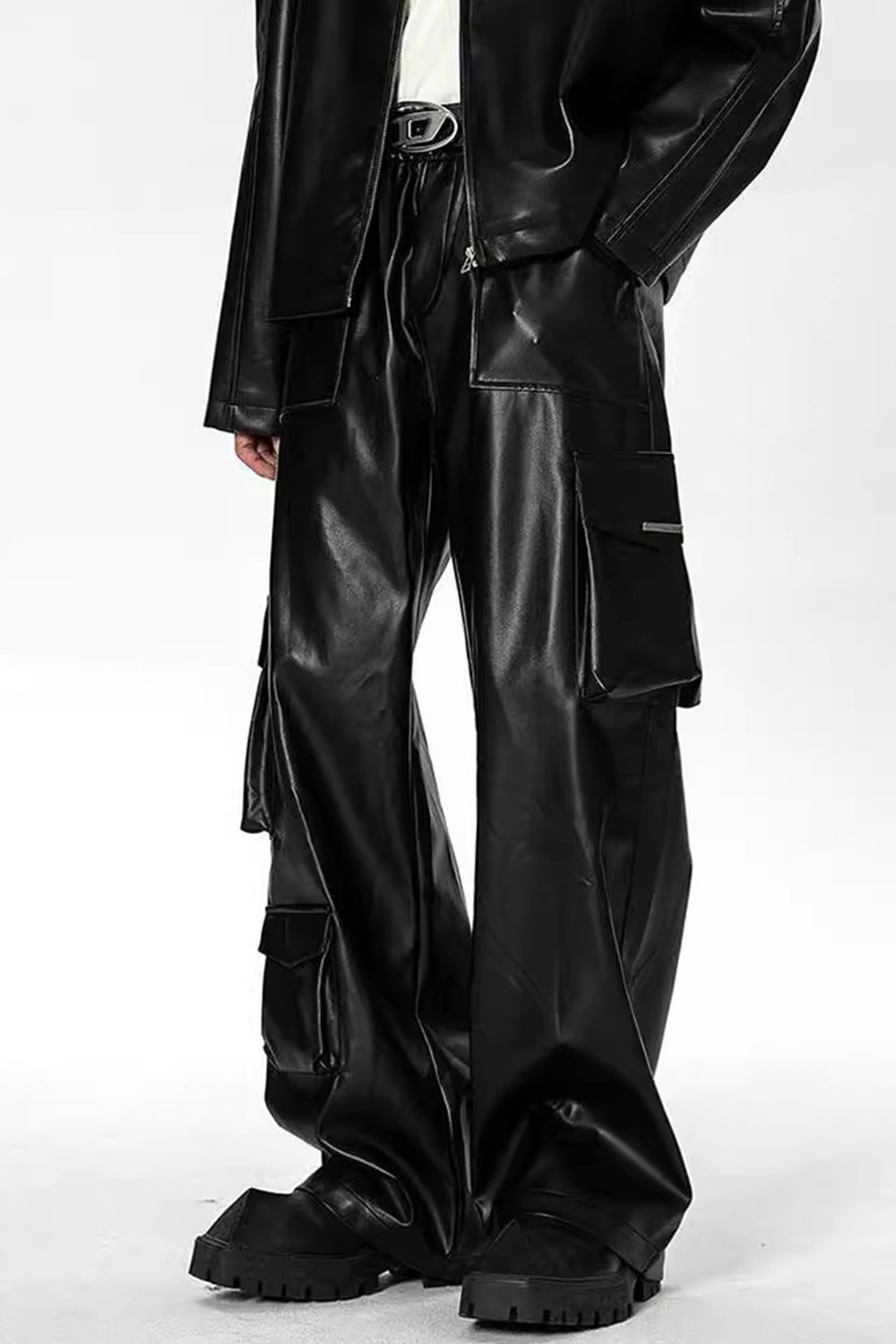 Wide-Leg PU/Faux Leather Loose Men Pants