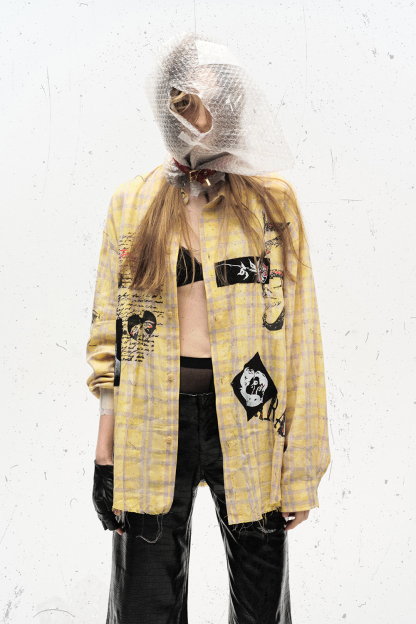 Shirt Jacket Yellow Plaid Unisex Patch Long Sleeve Top 